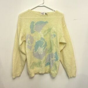 Vintage Butter Yellow Sweater with Pastel Design Knit deVille size small